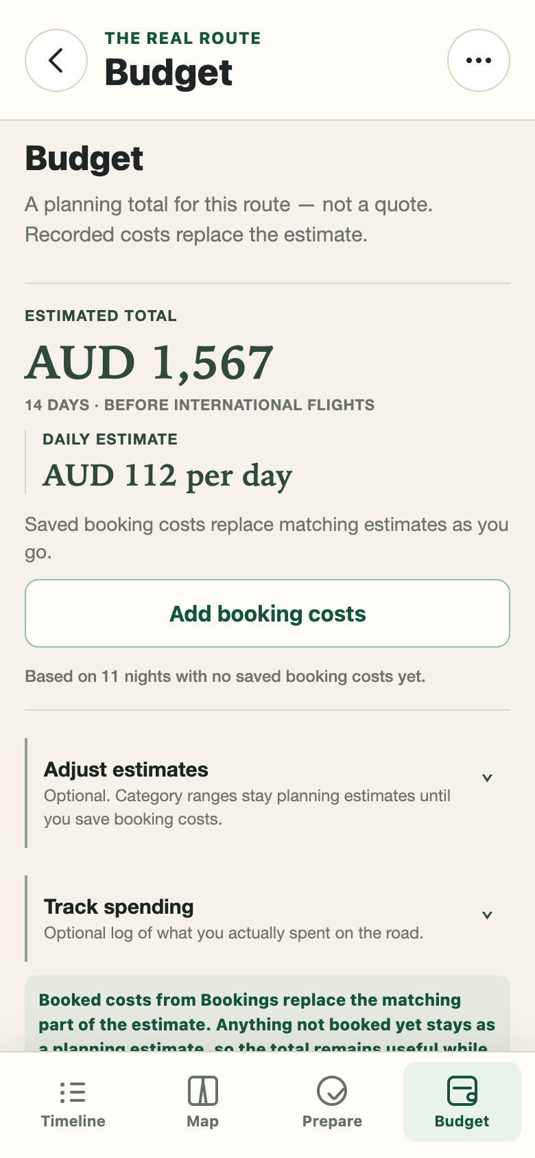 Budget screen for the 14-day Hanoi to Ho Chi Minh City route, showing the indicative total and the daily estimate before international flights.