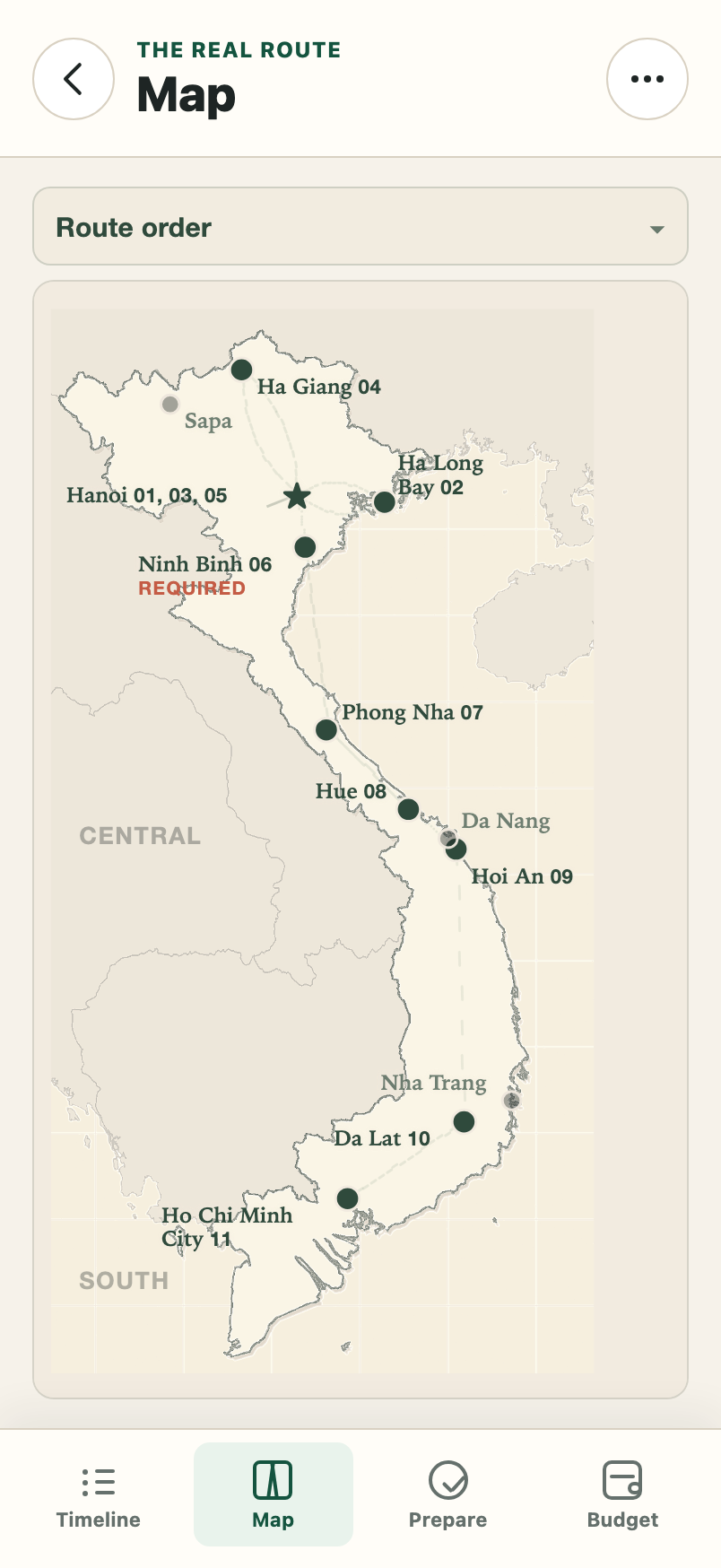 Map for a 14-day Hanoi to Ho Chi Minh City route. Twelve destination names appear on the full-width atlas with visit numbers for active stops, including Hanoi as 01, 03 and 05. The Route order sheet is closed.