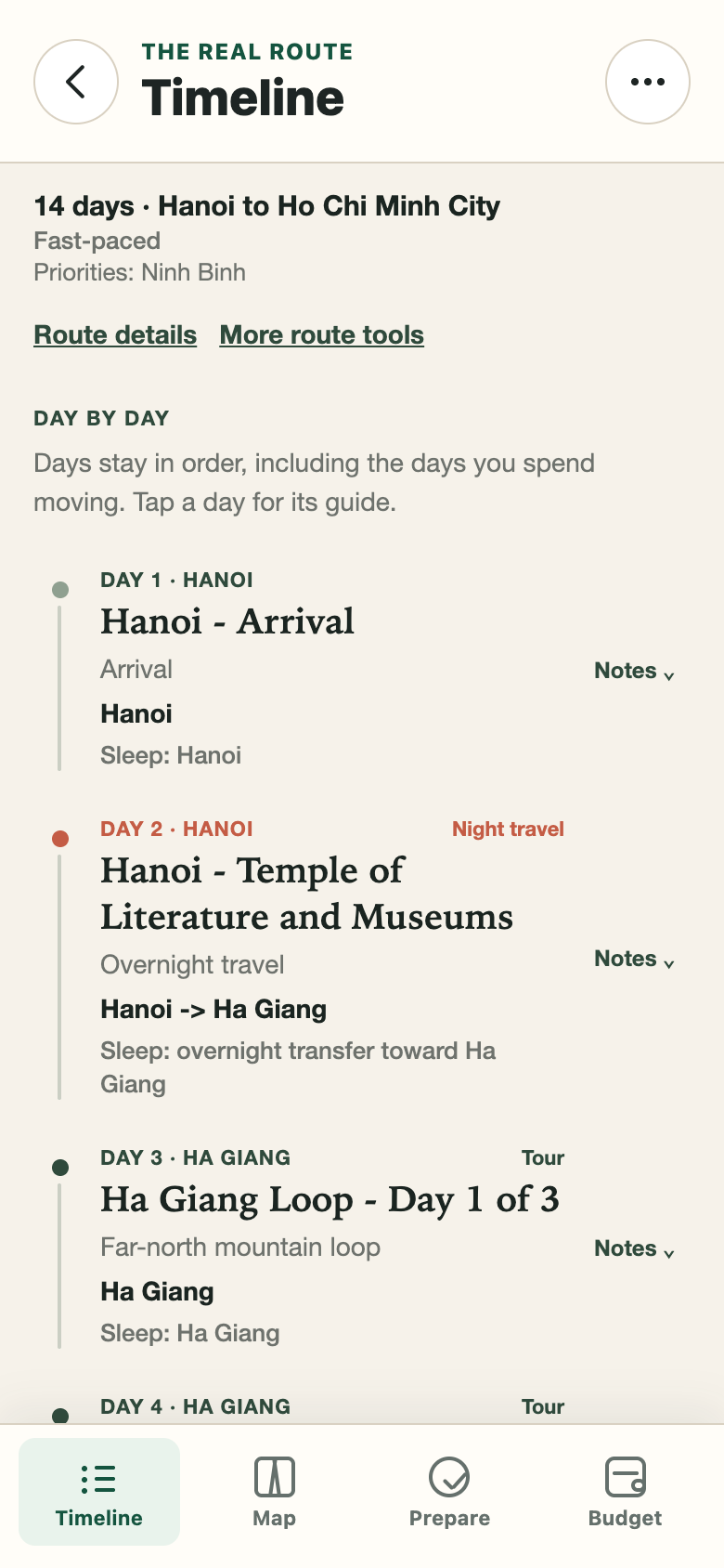 Timeline for a 14-day Hanoi to Ho Chi Minh City route. Ninh Binh is the priority. Day 1 is arrival in Hanoi, day 2 is overnight travel toward Ha Giang, and day 3 starts the Ha Giang Loop.